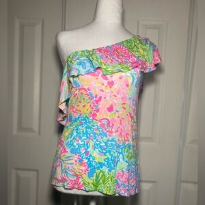 Lilly Pulitzer Seaspray Blue Lovers Coral Neveah Top One Shoulder XS